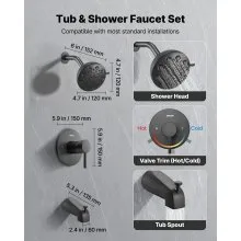 VEVOR Tub and Shower Faucet Set, Complete with 4.7-Inch Rainfall Shower Head and Bathtub Spout, 9-Setting Adjustable Spray, Single-Handle Tub Trim Kit with Brass Pressure Balancing Valve, Matte Black