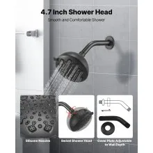 VEVOR Tub and Shower Faucet Set, Complete with 4.7-Inch Rainfall Shower Head and Bathtub Spout, 9-Setting Adjustable Spray, Single-Handle Tub Trim Kit with Brass Pressure Balancing Valve, Matte Black