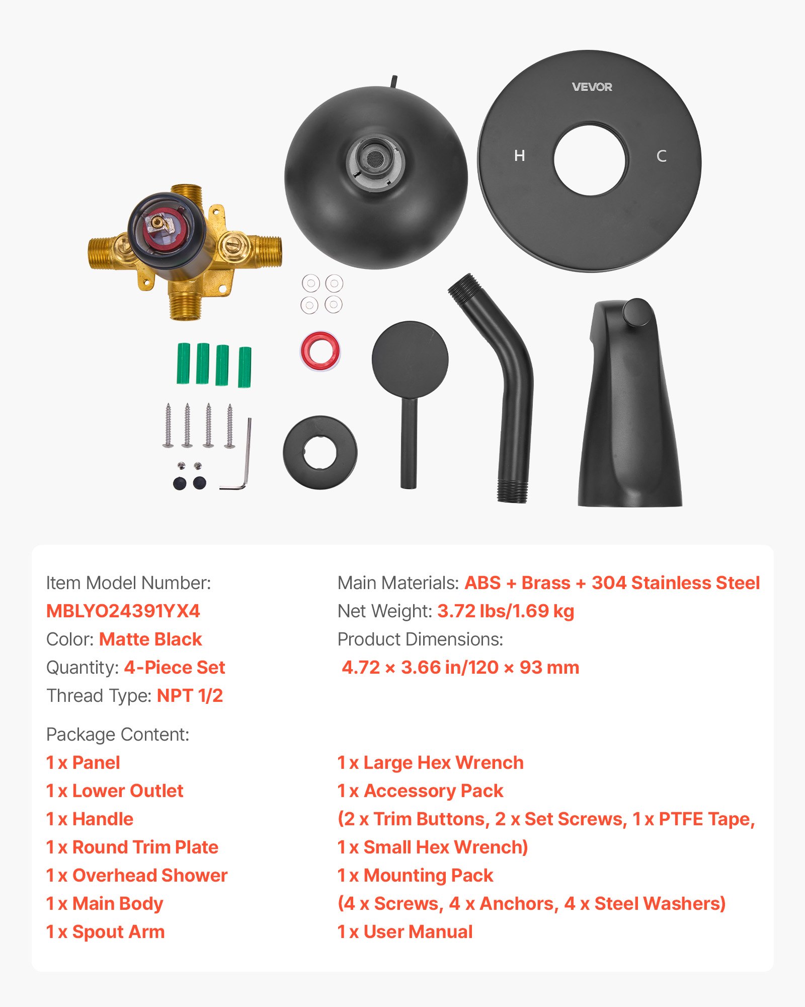 VEVOR Tub and Shower Faucet Set, Complete with 120 mm Rainfall Shower Head and Bathtub Spout, 9-Setting Adjustable Spray, Single-Handle Tub Trim Kit with Brass Pressure Balancing Valve, Matte Black