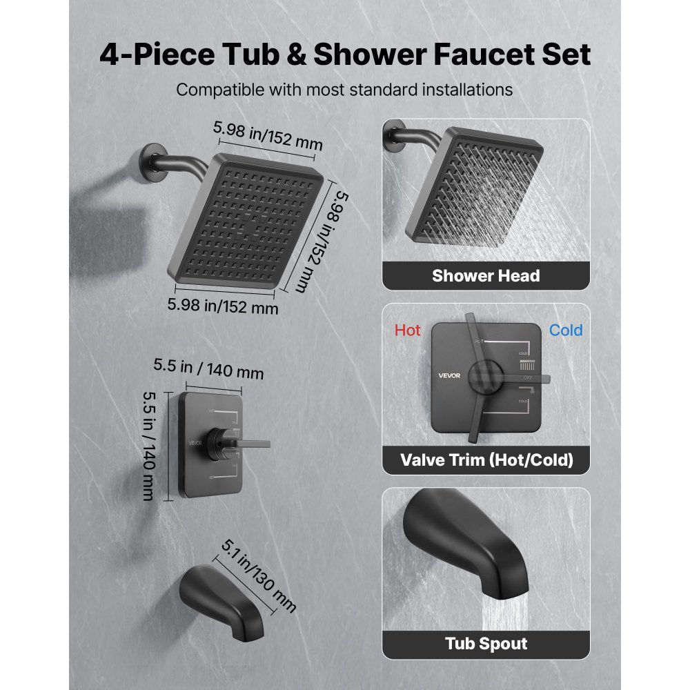 VEVOR Tub and Shower Faucet Set, Complete with 153 mm Rainfall Shower Head and Bathtub Spout, Single-Spray Single-Handle Tub Trim Kit with 304 Stainless Steel Valve Trim for Bathrooms, Matte Black