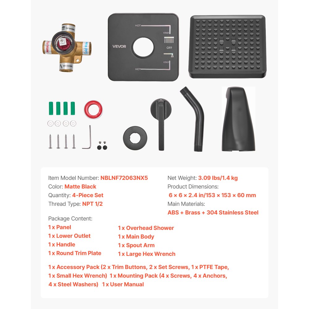 VEVOR Tub and Shower Faucet Set, Complete with 153 mm Rainfall Shower Head and Bathtub Spout, Single-Spray Single-Handle Tub Trim Kit with 304 Stainless Steel Valve Trim for Bathrooms, Matte Black