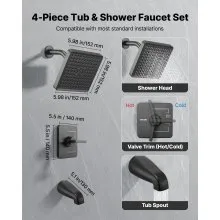 VEVOR Tub and Shower Faucet Set, Complete with 6-Inch Rainfall Shower Head and Bathtub Spout, Single-Spray Single-Handle Tub Trim Kit with 304 Stainless Steel Valve Trim for Bathrooms, Matte Black