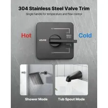 VEVOR Tub and Shower Faucet Set, Complete with 6-Inch Rainfall Shower Head and Bathtub Spout, Single-Spray Single-Handle Tub Trim Kit with 304 Stainless Steel Valve Trim for Bathrooms, Matte Black