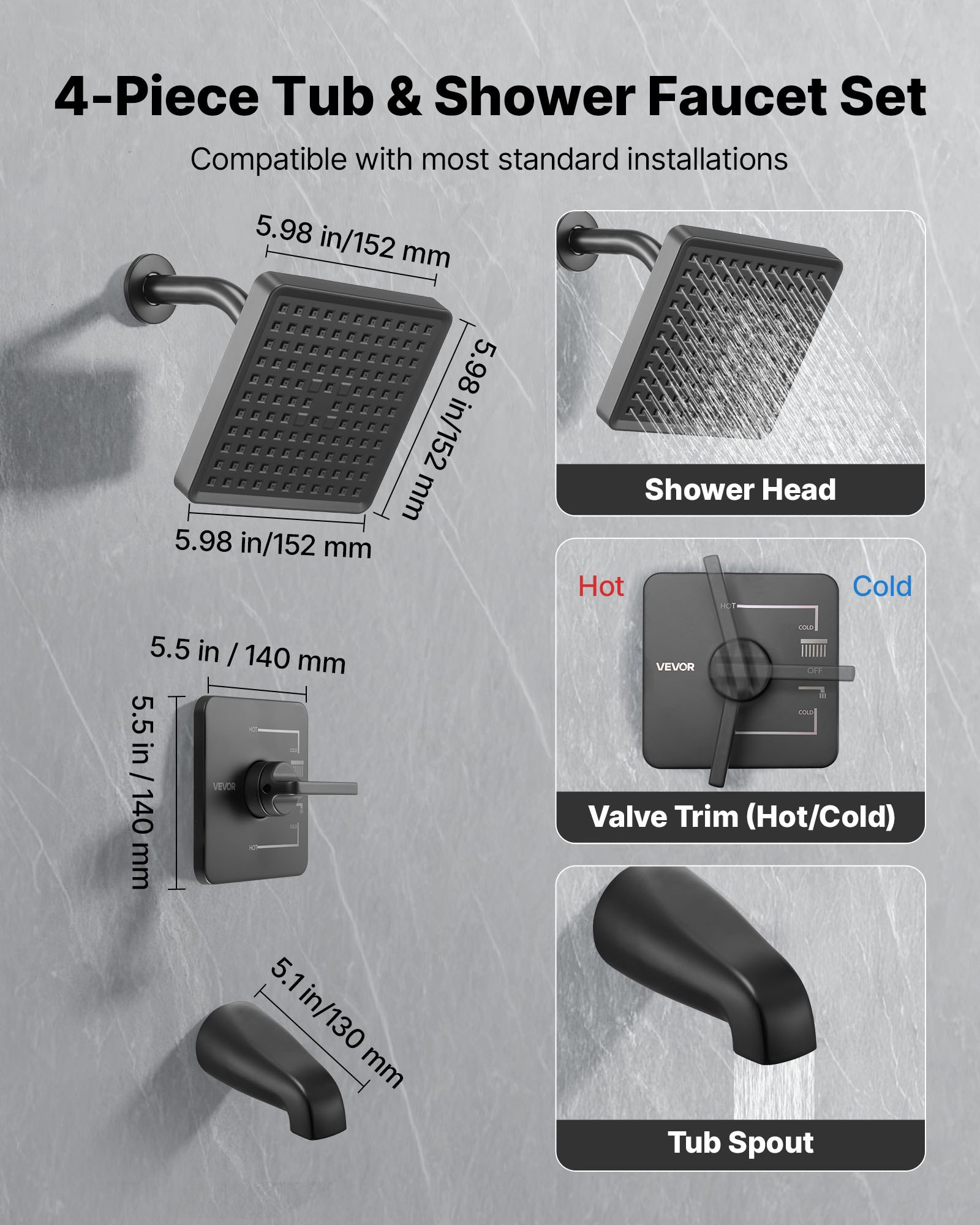 VEVOR Tub and Shower Faucet Set, Complete with 153 mm Rainfall Shower Head and Bathtub Spout, Single-Spray Single-Handle Tub Trim Kit with 304 Stainless Steel Valve Trim for Bathrooms, Matte Black