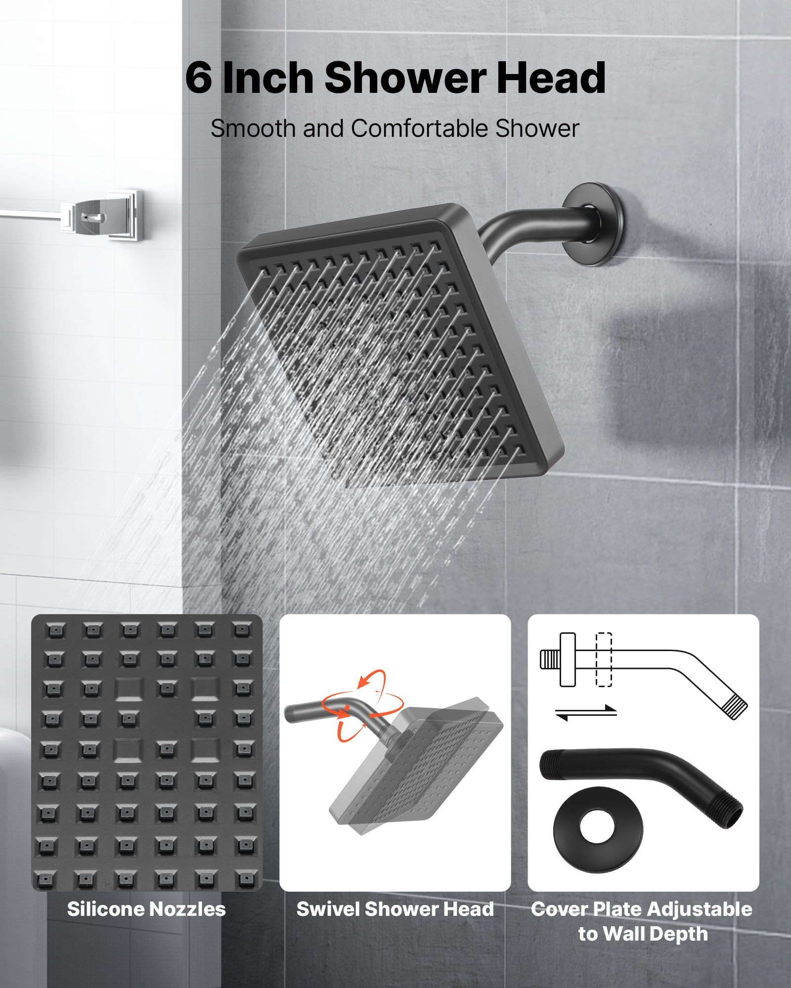VEVOR Tub and Shower Faucet Set, Complete with 153 mm Rainfall Shower Head and Bathtub Spout, Single-Spray Single-Handle Tub Trim Kit with 304 Stainless Steel Valve Trim for Bathrooms, Matte Black