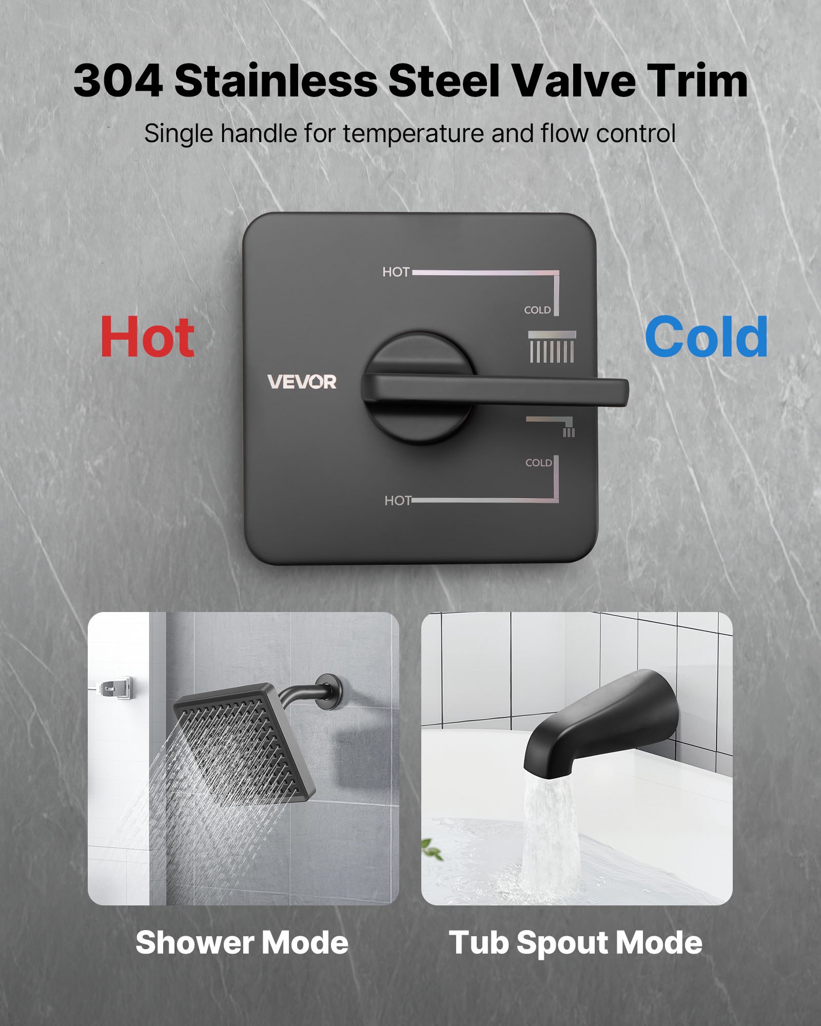 VEVOR Tub and Shower Faucet Set, Complete with 153 mm Rainfall Shower Head and Bathtub Spout, Single-Spray Single-Handle Tub Trim Kit with 304 Stainless Steel Valve Trim for Bathrooms, Matte Black
