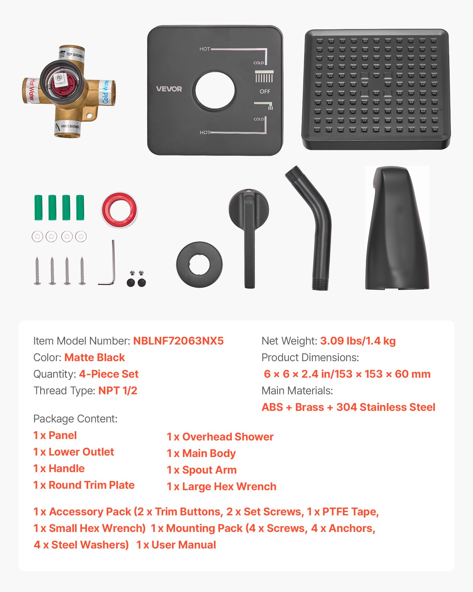 VEVOR Tub and Shower Faucet Set, Complete with 153 mm Rainfall Shower Head and Bathtub Spout, Single-Spray Single-Handle Tub Trim Kit with 304 Stainless Steel Valve Trim for Bathrooms, Matte Black