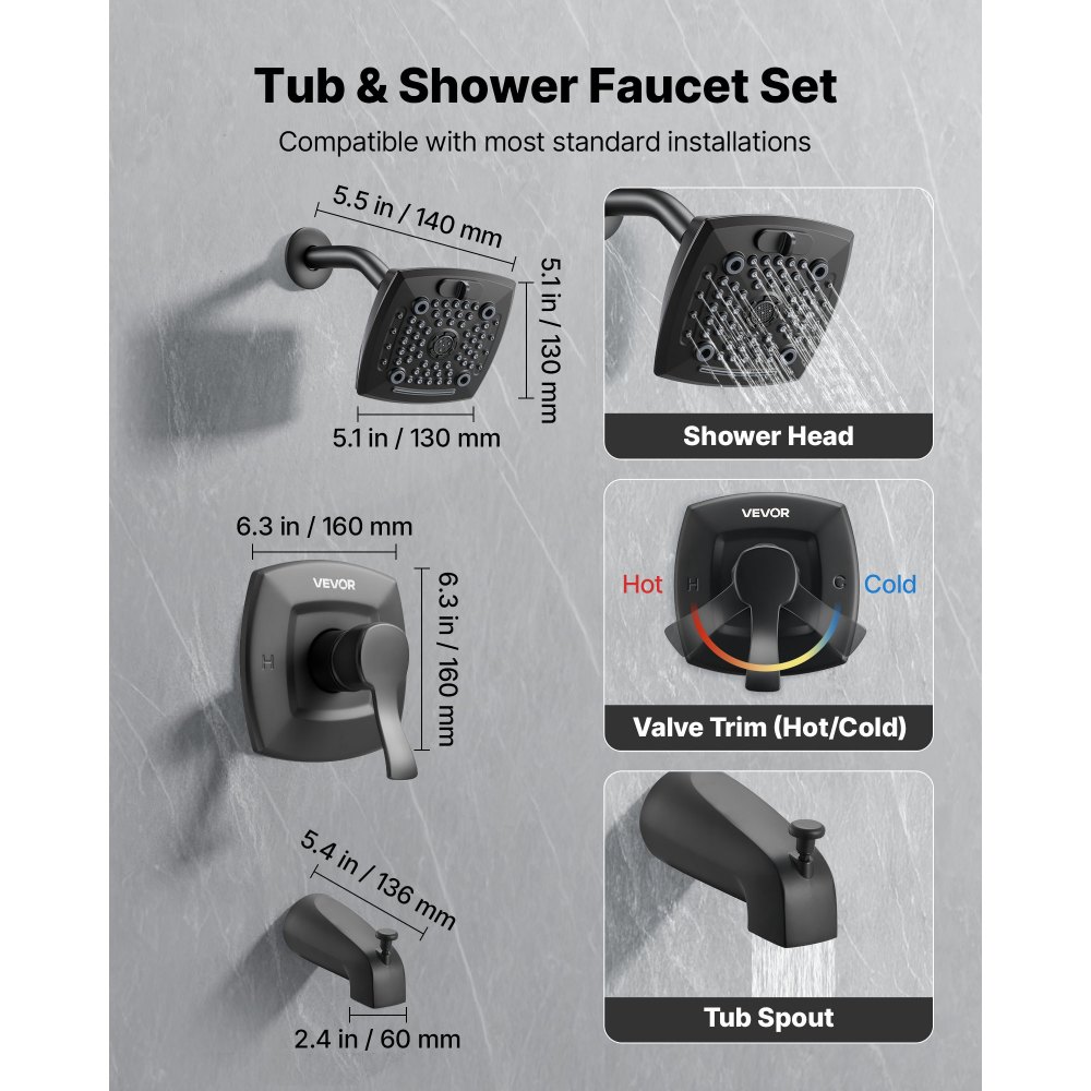 VEVOR Tub and Shower Faucet Set, Complete with 130 mm Rainfall Shower Head and Bathtub Spout, 5-Setting Adjustable Spray, Single-Handle Tub Trim Kit with Brass Pressure Balancing Valve, Matte Black