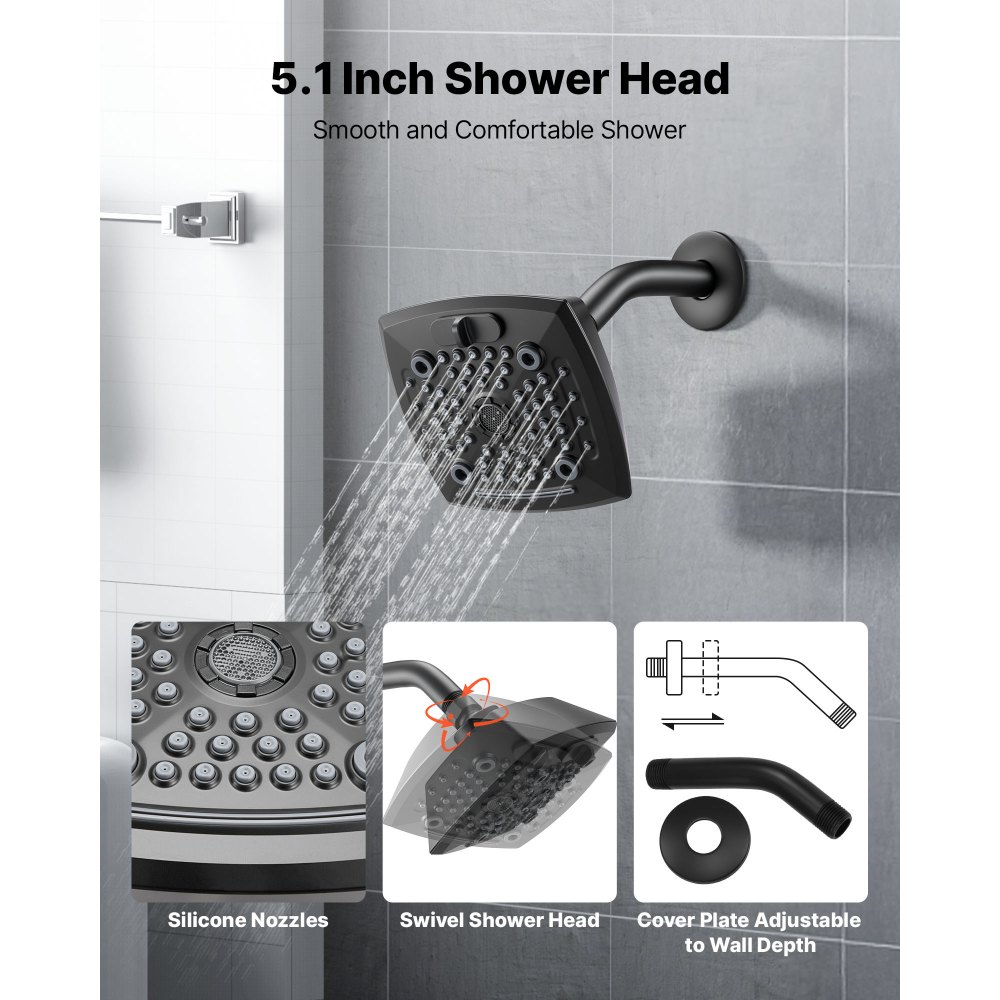 VEVOR Tub and Shower Faucet Set, Complete with 130 mm Rainfall Shower Head and Bathtub Spout, 5-Setting Adjustable Spray, Single-Handle Tub Trim Kit with Brass Pressure Balancing Valve, Matte Black