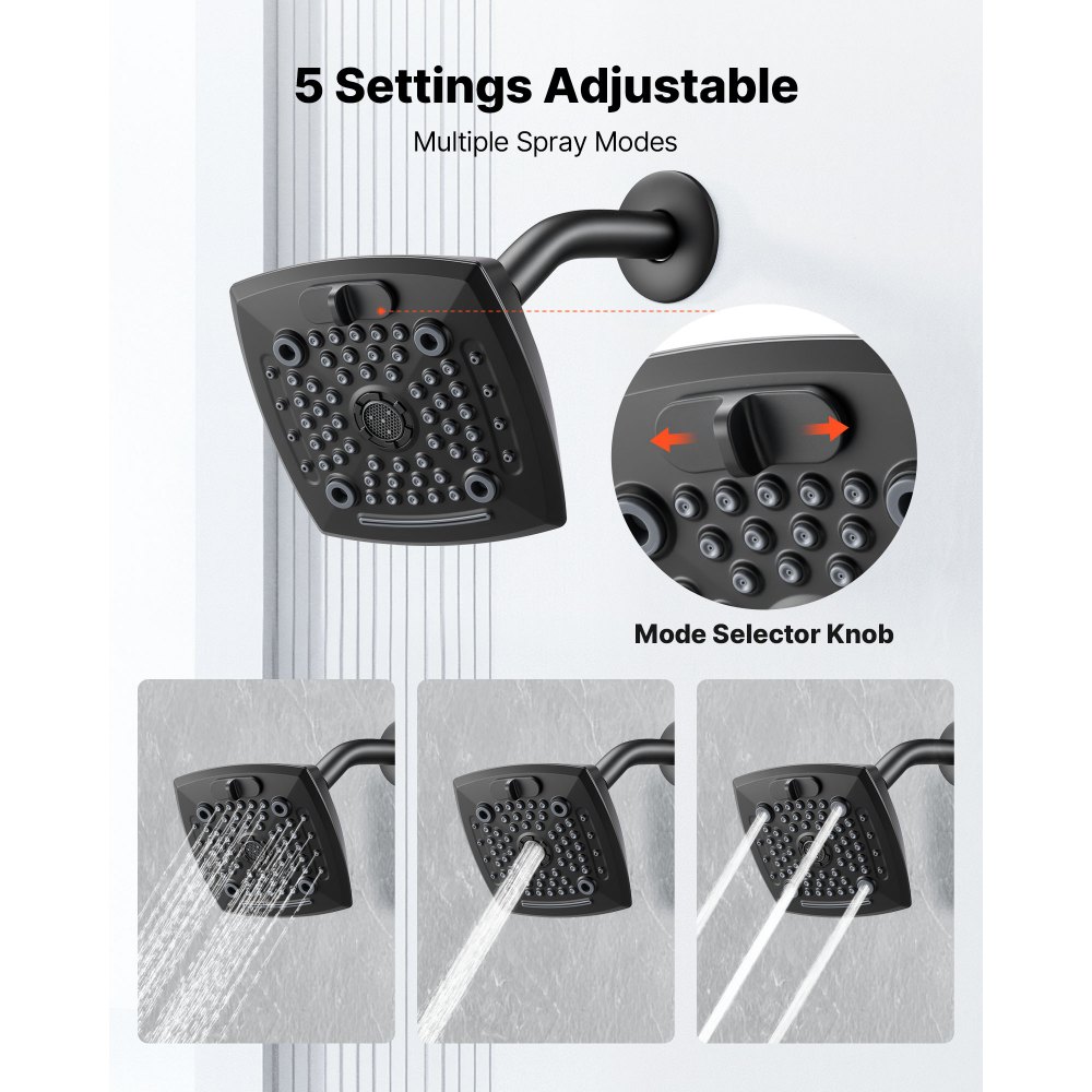 VEVOR Tub and Shower Faucet Set, Complete with 130 mm Rainfall Shower Head and Bathtub Spout, 5-Setting Adjustable Spray, Single-Handle Tub Trim Kit with Brass Pressure Balancing Valve, Matte Black