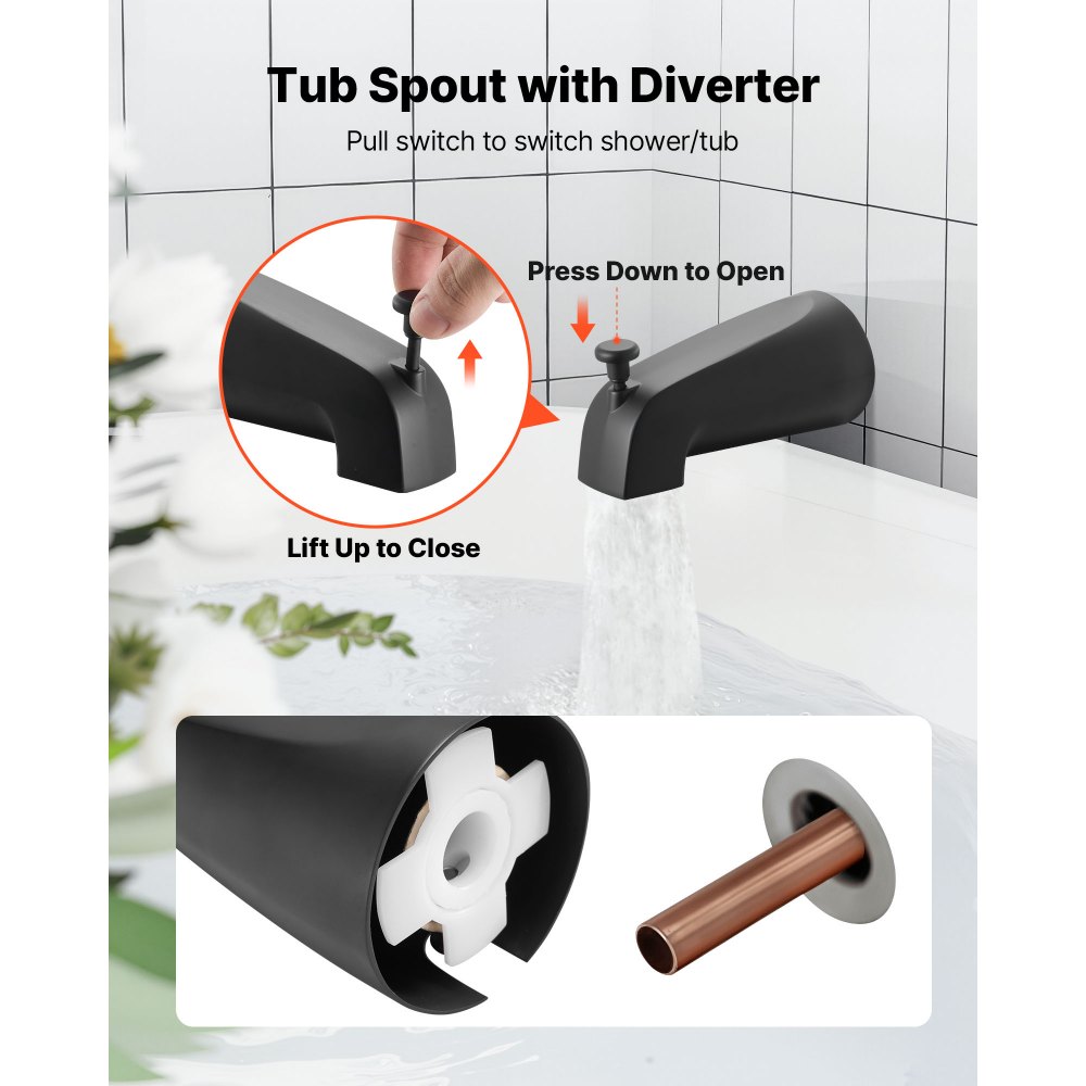 VEVOR Tub and Shower Faucet Set, Complete with 130 mm Rainfall Shower Head and Bathtub Spout, 5-Setting Adjustable Spray, Single-Handle Tub Trim Kit with Brass Pressure Balancing Valve, Matte Black