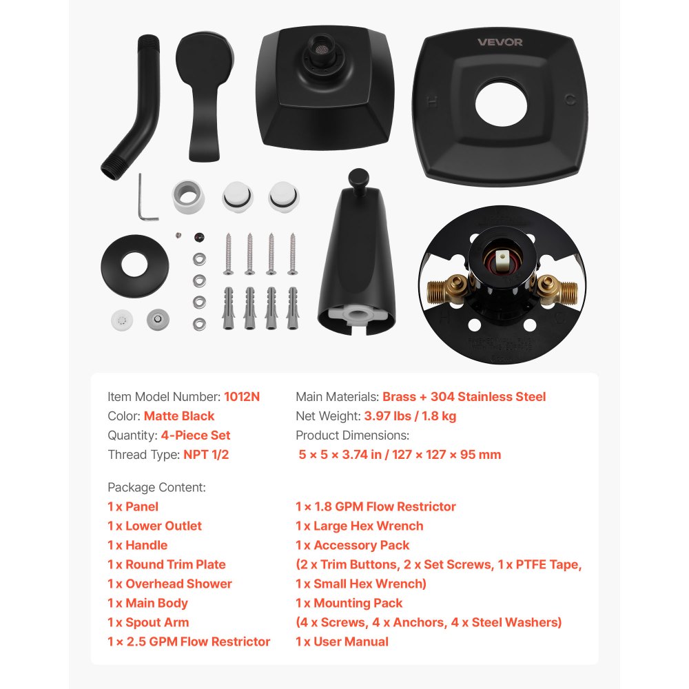 VEVOR Tub and Shower Faucet Set, Complete with 130 mm Rainfall Shower Head and Bathtub Spout, 5-Setting Adjustable Spray, Single-Handle Tub Trim Kit with Brass Pressure Balancing Valve, Matte Black