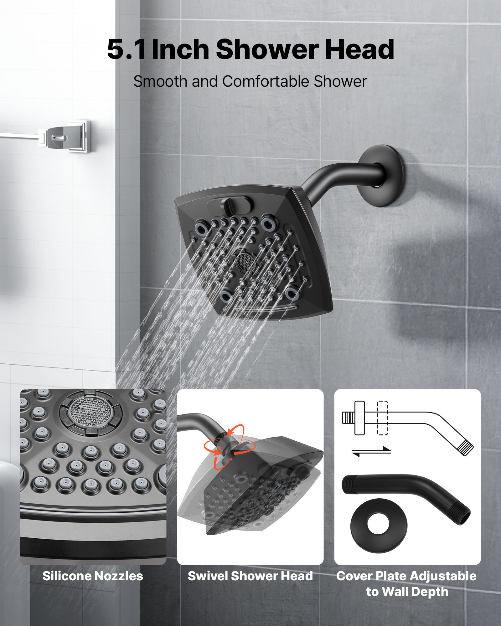 VEVOR Tub and Shower Faucet Set, Complete with 130 mm Rainfall Shower Head and Bathtub Spout, 5-Setting Adjustable Spray, Single-Handle Tub Trim Kit with Brass Pressure Balancing Valve, Matte Black
