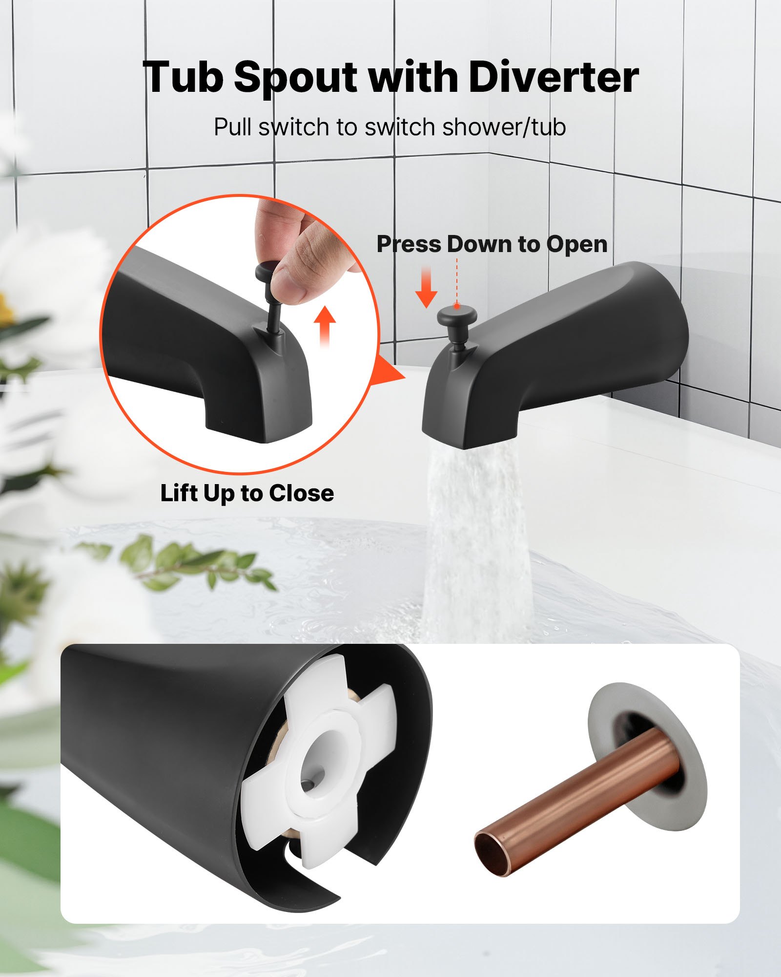 VEVOR Tub and Shower Faucet Set, Complete with 130 mm Rainfall Shower Head and Bathtub Spout, 5-Setting Adjustable Spray, Single-Handle Tub Trim Kit with Brass Pressure Balancing Valve, Matte Black