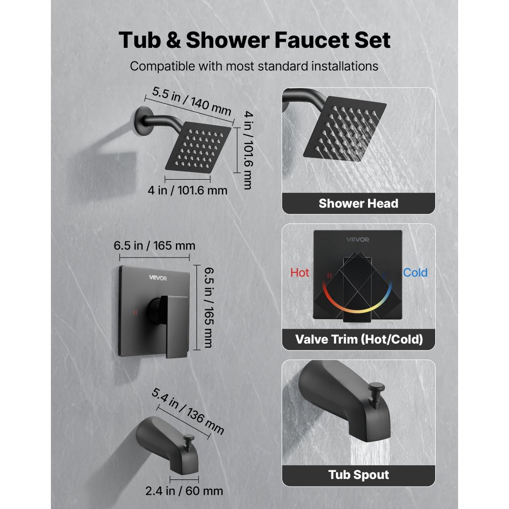 VEVOR Tub and Shower Faucet Set, Complete with 101.6 mm Rainfall Shower Head and Bathtub Spout, Single-Spray Single-Handle Tub Trim Kit with 304 Stainless Steel Valve Trim for Bathrooms, Matte Black