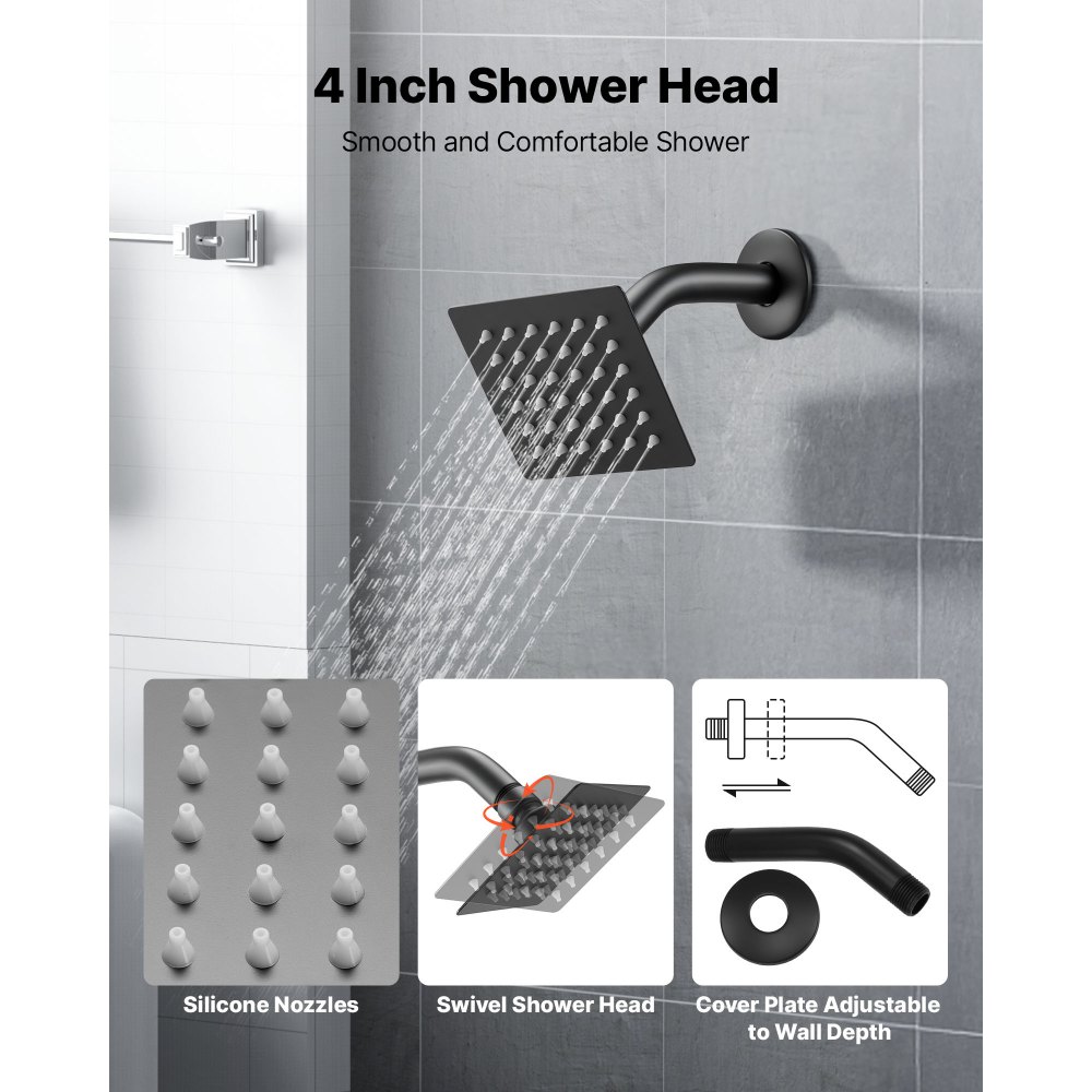 VEVOR Tub and Shower Faucet Set, Complete with 101.6 mm Rainfall Shower Head and Bathtub Spout, Single-Spray Single-Handle Tub Trim Kit with 304 Stainless Steel Valve Trim for Bathrooms, Matte Black