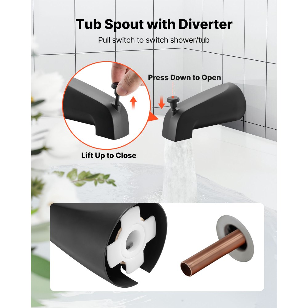 VEVOR Tub and Shower Faucet Set, Complete with 101.6 mm Rainfall Shower Head and Bathtub Spout, Single-Spray Single-Handle Tub Trim Kit with 304 Stainless Steel Valve Trim for Bathrooms, Matte Black