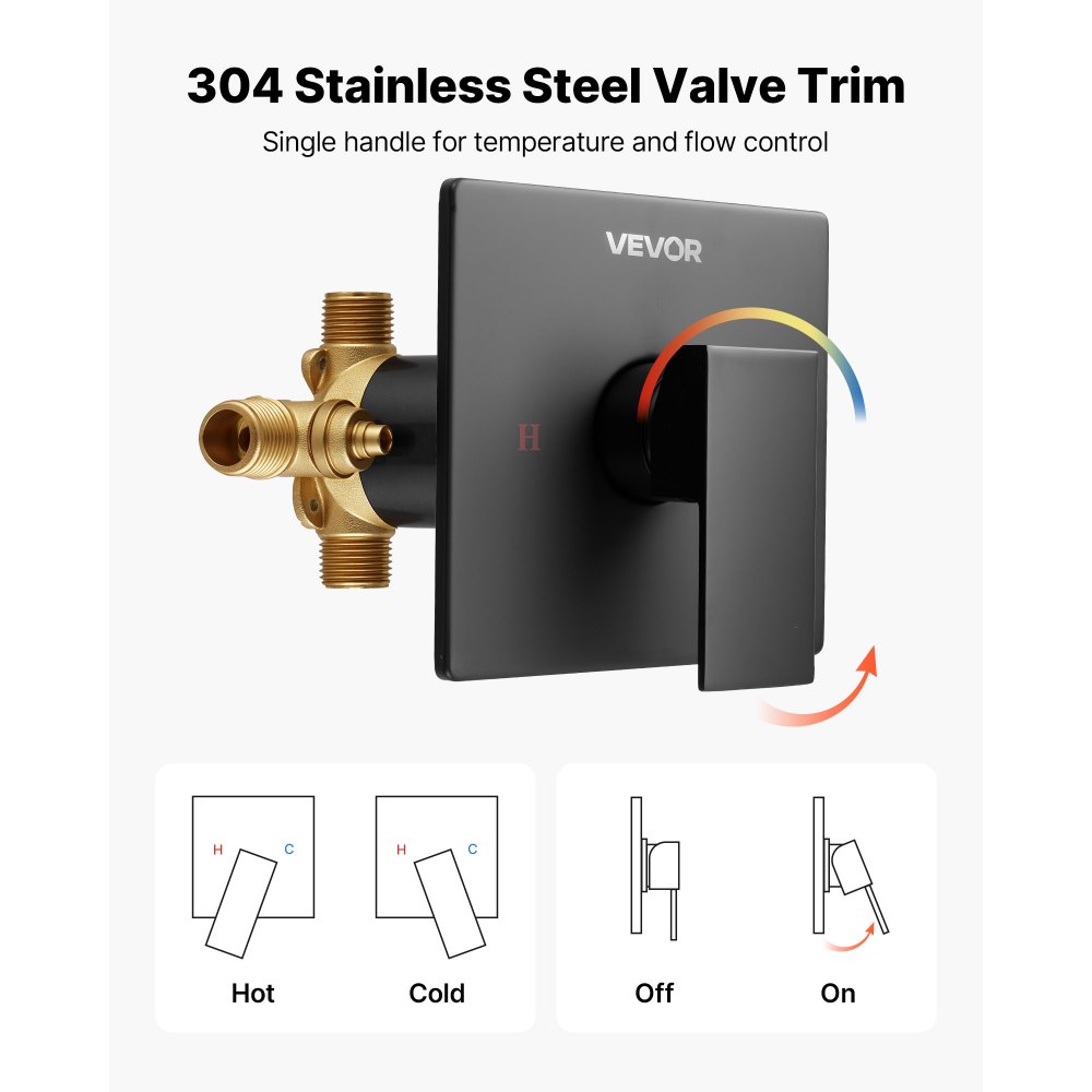 VEVOR Tub and Shower Faucet Set, Complete with 101.6 mm Rainfall Shower Head and Bathtub Spout, Single-Spray Single-Handle Tub Trim Kit with 304 Stainless Steel Valve Trim for Bathrooms, Matte Black