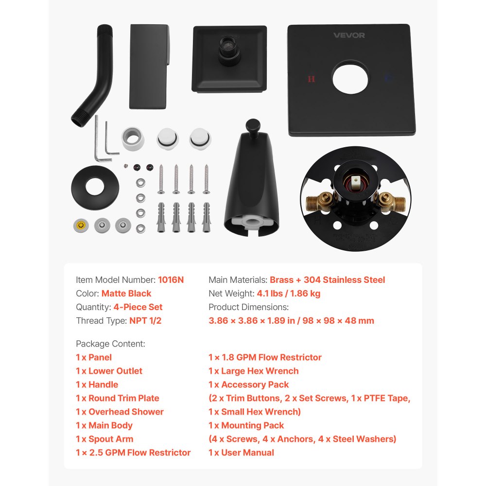 VEVOR Tub and Shower Faucet Set, Complete with 101.6 mm Rainfall Shower Head and Bathtub Spout, Single-Spray Single-Handle Tub Trim Kit with 304 Stainless Steel Valve Trim for Bathrooms, Matte Black