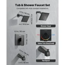 VEVOR Tub and Shower Faucet Set, Complete with 4-Inch Rainfall Shower Head and Bathtub Spout, Single-Spray Single-Handle Tub Trim Kit with 304 Stainless Steel Valve Trim for Bathrooms, Matte Black
