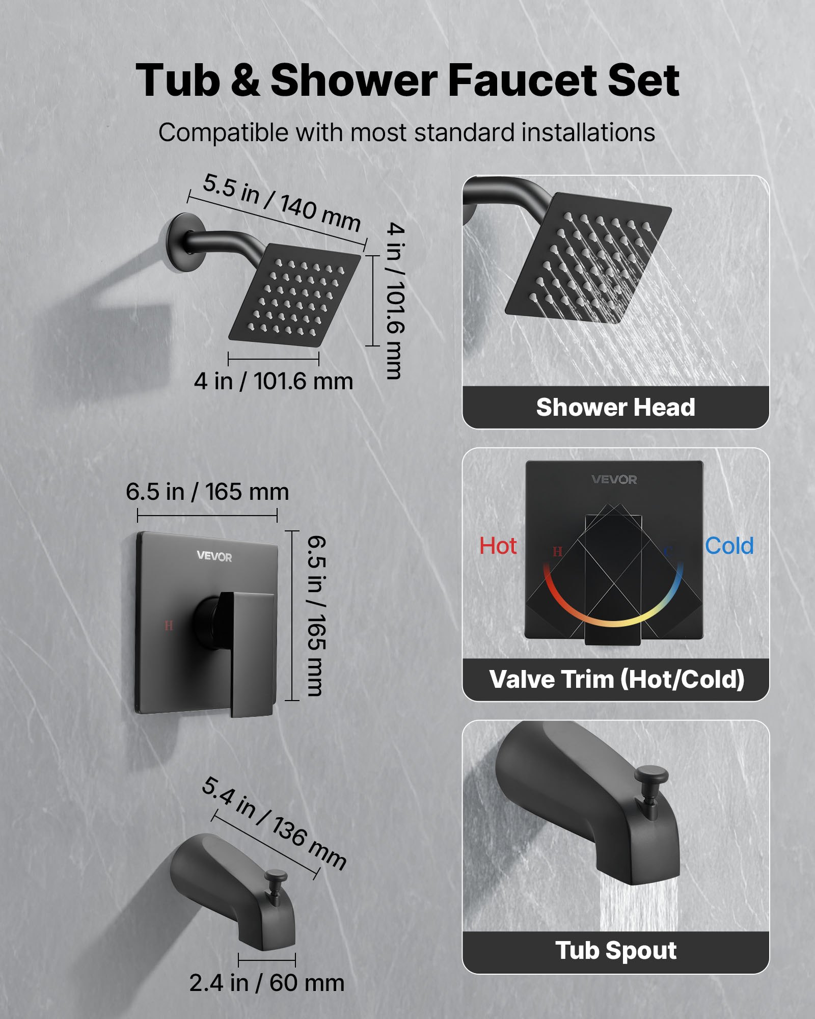 VEVOR Tub and Shower Faucet Set, Complete with 101.6 mm Rainfall Shower Head and Bathtub Spout, Single-Spray Single-Handle Tub Trim Kit with 304 Stainless Steel Valve Trim for Bathrooms, Matte Black