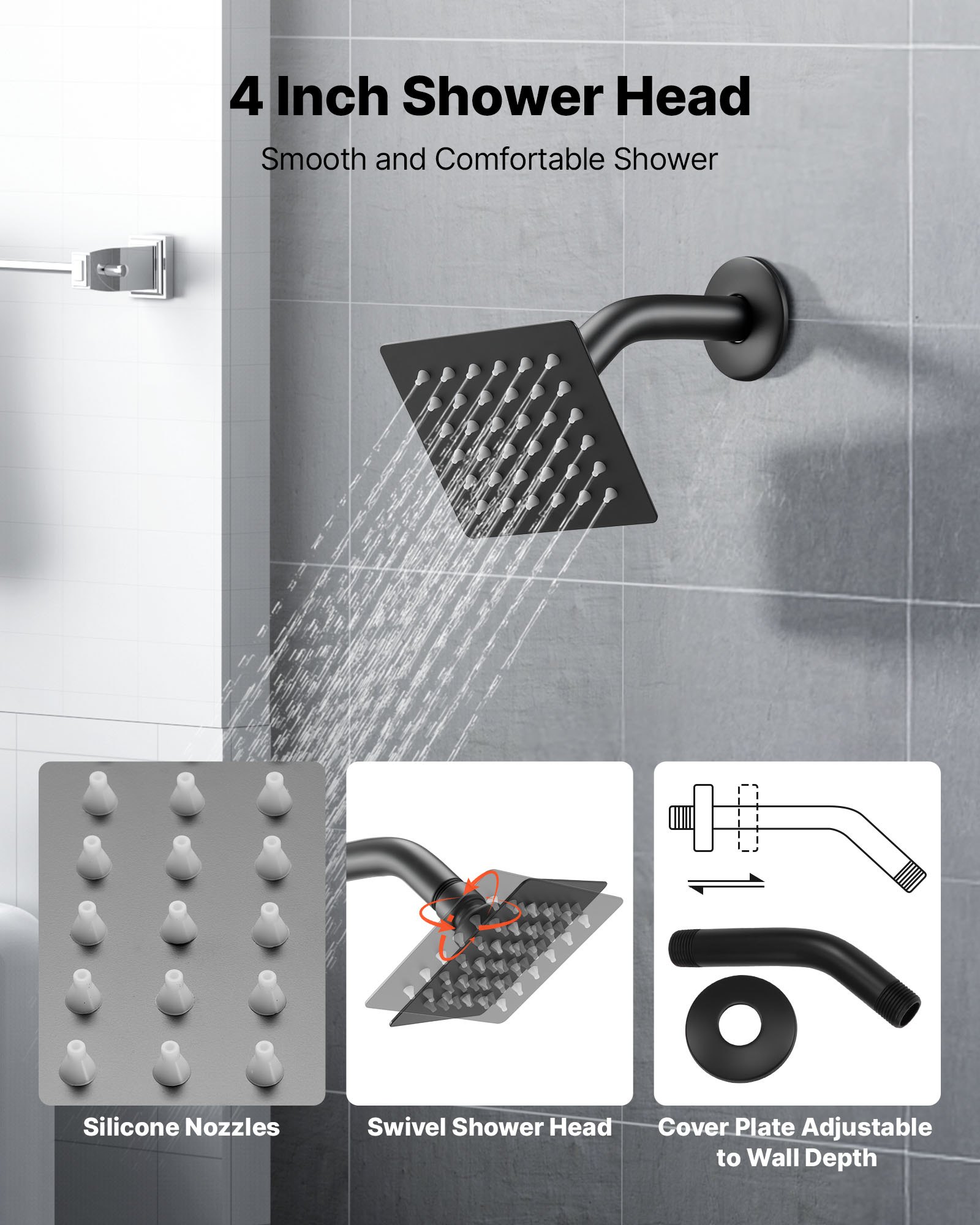 VEVOR Tub and Shower Faucet Set, Complete with 101.6 mm Rainfall Shower Head and Bathtub Spout, Single-Spray Single-Handle Tub Trim Kit with 304 Stainless Steel Valve Trim for Bathrooms, Matte Black