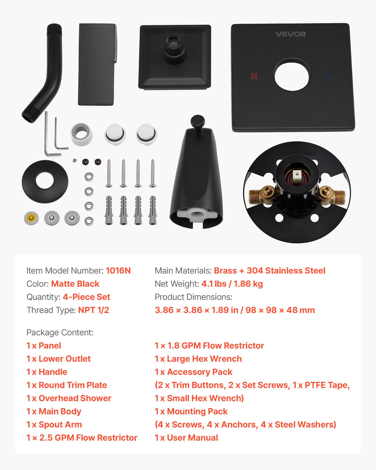 VEVOR Tub and Shower Faucet Set, Complete with 101.6 mm Rainfall Shower Head and Bathtub Spout, Single-Spray Single-Handle Tub Trim Kit with 304 Stainless Steel Valve Trim for Bathrooms, Matte Black