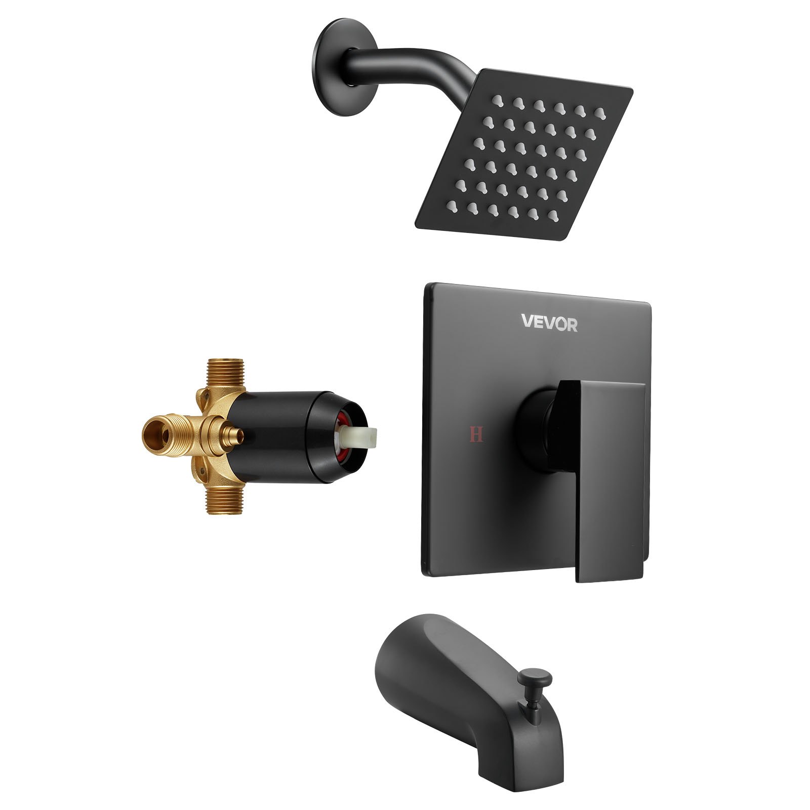 VEVOR Tub and Shower Faucet Set, Complete with 101.6 mm Rainfall Shower Head and Bathtub Spout, Single-Spray Single-Handle Tub Trim Kit with 304 Stainless Steel Valve Trim for Bathrooms, Matte Black