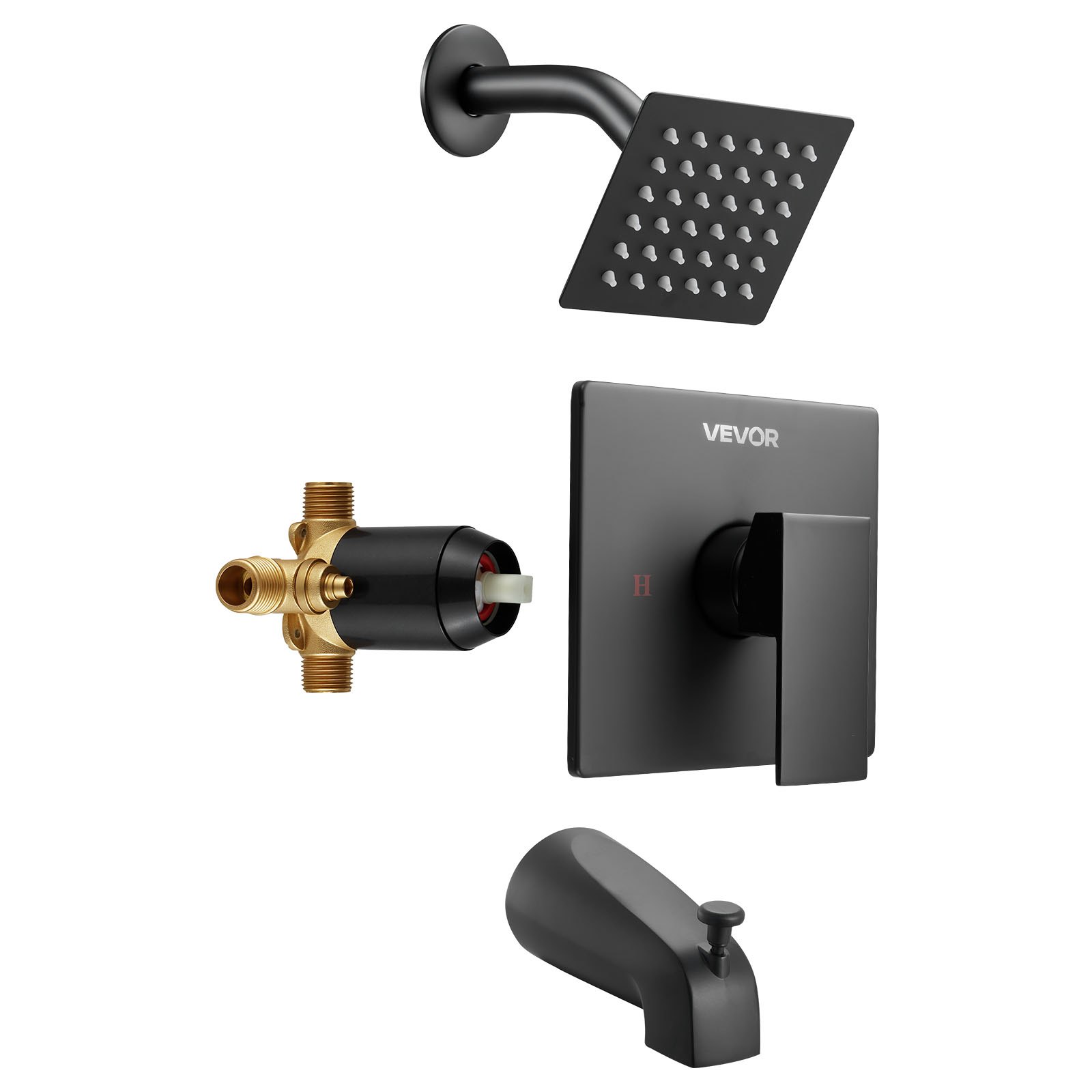 VEVOR Tub and Shower Faucet Set, Complete with 101.6 mm Rainfall Shower Head and Bathtub Spout, Single-Spray Single-Handle Tub Trim Kit with 304 Stainless Steel Valve Trim for Bathrooms, Matte Black