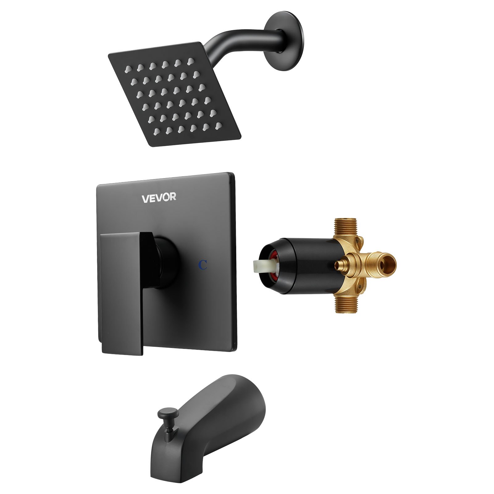 VEVOR Tub and Shower Faucet Set, Complete with 101.6 mm Rainfall Shower Head and Bathtub Spout, Single-Spray Single-Handle Tub Trim Kit with 304 Stainless Steel Valve Trim for Bathrooms, Matte Black