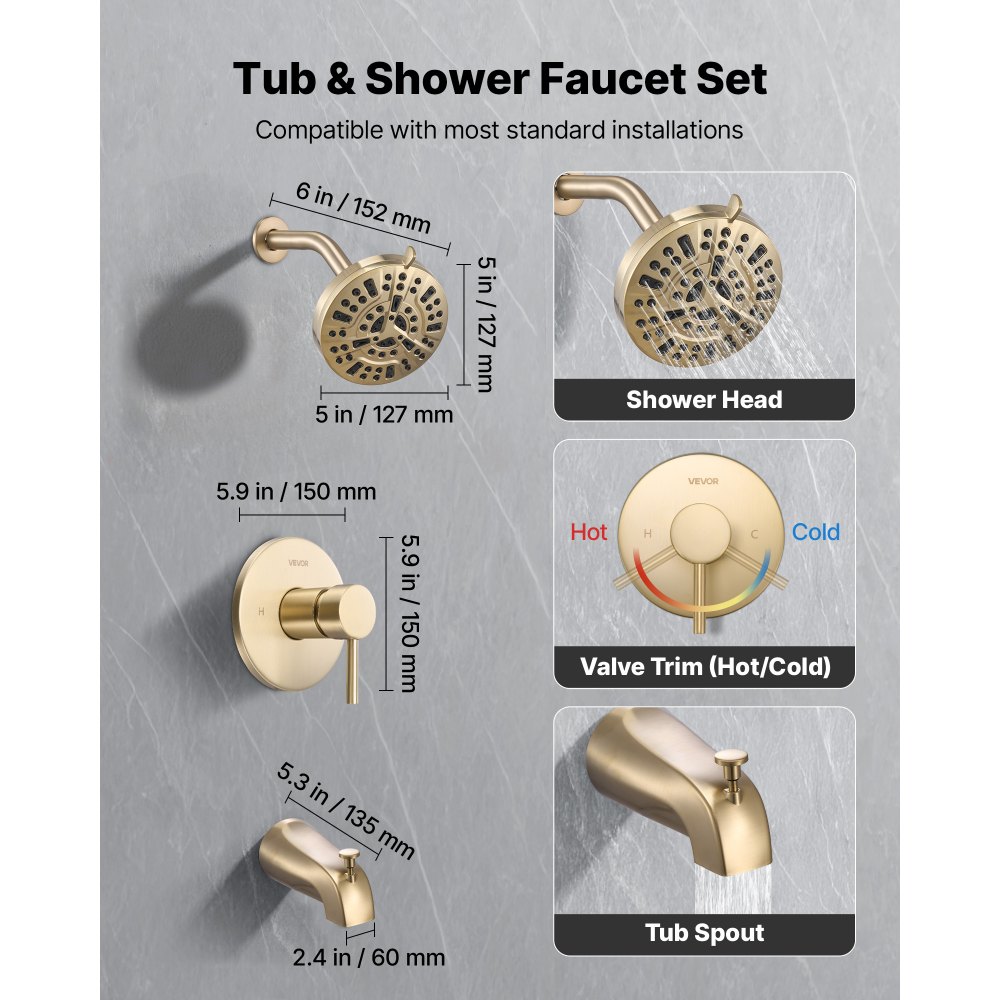 VEVOR Tub and Shower Faucet Set, Complete with 127 mm Rainfall Shower Head and Bathtub Spout, 8-Setting Adjustable Spray, Single-Handle Tub Trim Kit with Brass Pressure Balancing Valve, Gold Finish