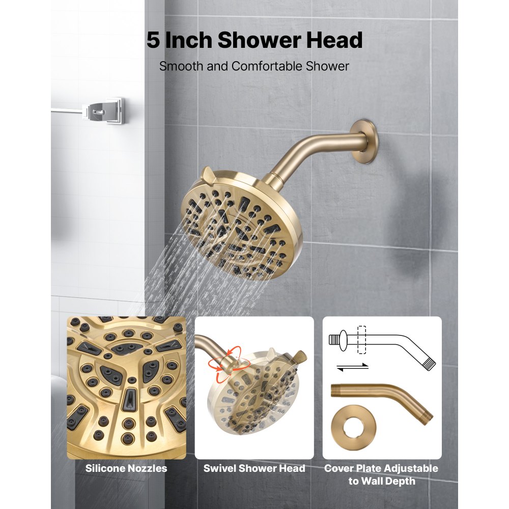 VEVOR Tub and Shower Faucet Set, Complete with 127 mm Rainfall Shower Head and Bathtub Spout, 8-Setting Adjustable Spray, Single-Handle Tub Trim Kit with Brass Pressure Balancing Valve, Gold Finish