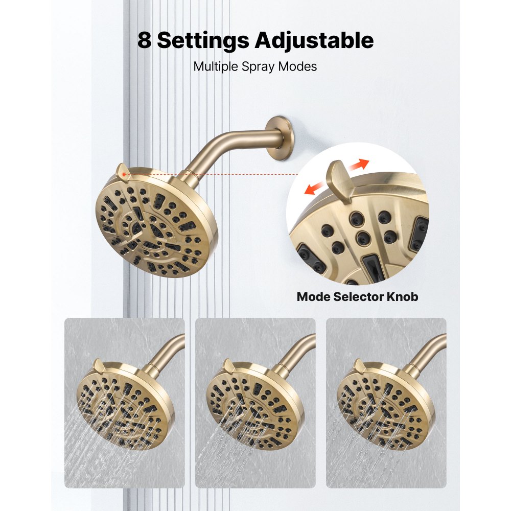 VEVOR Tub and Shower Faucet Set, Complete with 127 mm Rainfall Shower Head and Bathtub Spout, 8-Setting Adjustable Spray, Single-Handle Tub Trim Kit with Brass Pressure Balancing Valve, Gold Finish