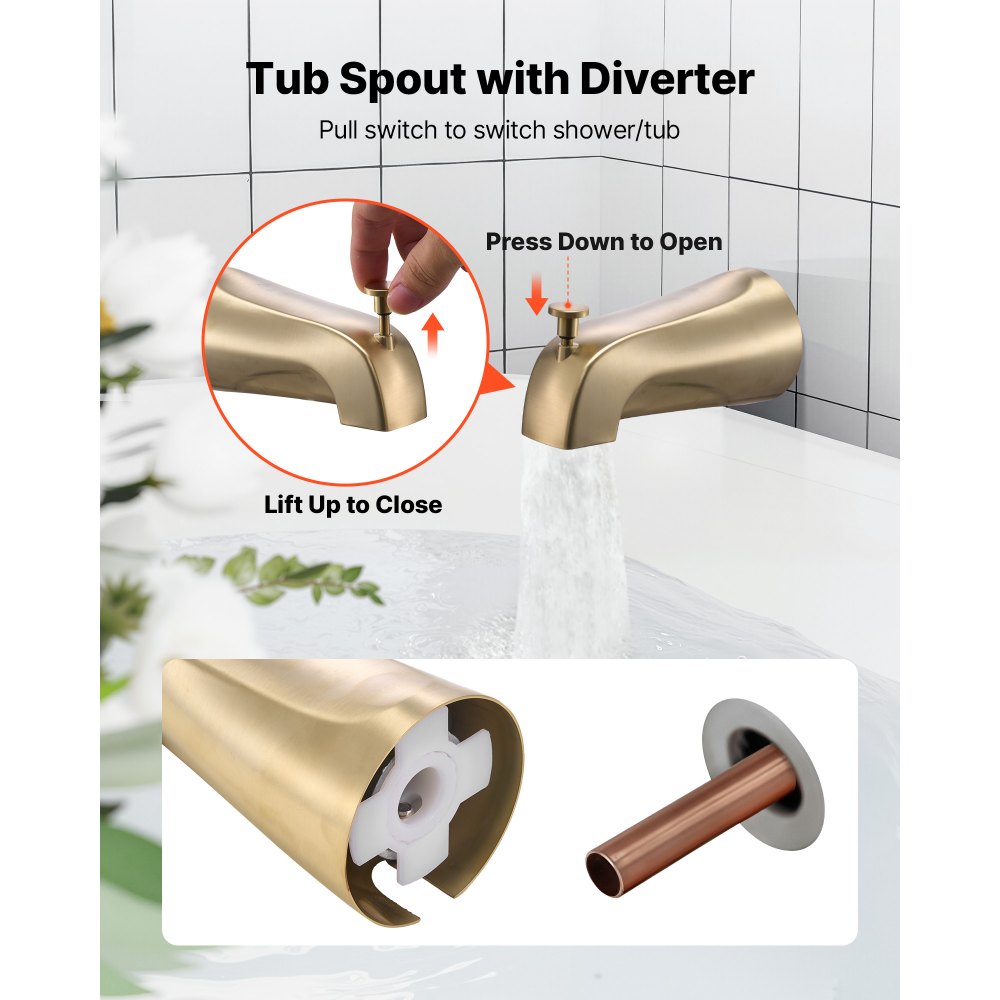 VEVOR Tub and Shower Faucet Set, Complete with 127 mm Rainfall Shower Head and Bathtub Spout, 8-Setting Adjustable Spray, Single-Handle Tub Trim Kit with Brass Pressure Balancing Valve, Gold Finish