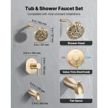VEVOR Tub and Shower Faucet Set, Complete with 5-Inch Rainfall Shower Head and Bathtub Spout, 8-Setting Adjustable Spray, Single-Handle Tub Trim Kit with Brass Pressure Balancing Valve, Gold Finish