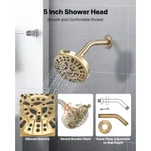 VEVOR Tub and Shower Faucet Set, Complete with 5-Inch Rainfall Shower Head and Bathtub Spout, 8-Setting Adjustable Spray, Single-Handle Tub Trim Kit with Brass Pressure Balancing Valve, Gold Finish