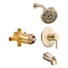 VEVOR Tub and Shower Faucet Set, Complete with 5-Inch Rainfall Shower Head and Bathtub Spout, 8-Setting Adjustable Spray, Single-Handle Tub Trim Kit with Brass Pressure Balancing Valve, Gold Finish