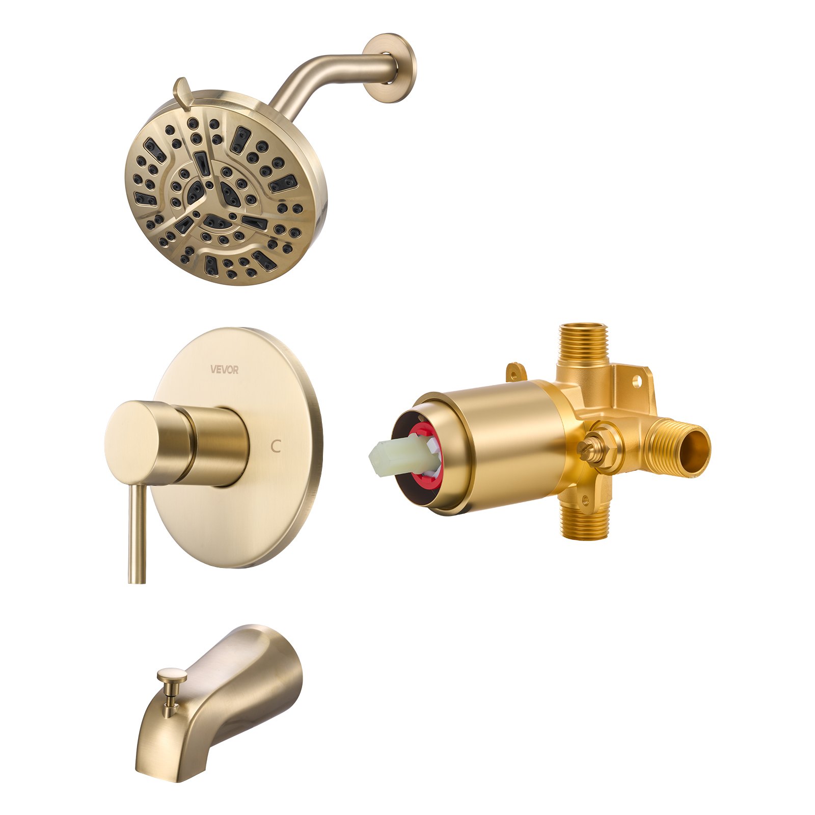 VEVOR Tub and Shower Faucet Set, Complete with 127 mm Rainfall Shower Head and Bathtub Spout, 8-Setting Adjustable Spray, Single-Handle Tub Trim Kit with Brass Pressure Balancing Valve, Gold Finish