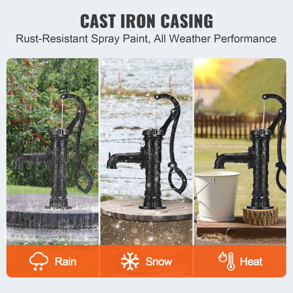 VEVOR antique hand water pump, cast iron, weather-resistant, used in rain, snow, and heat.
