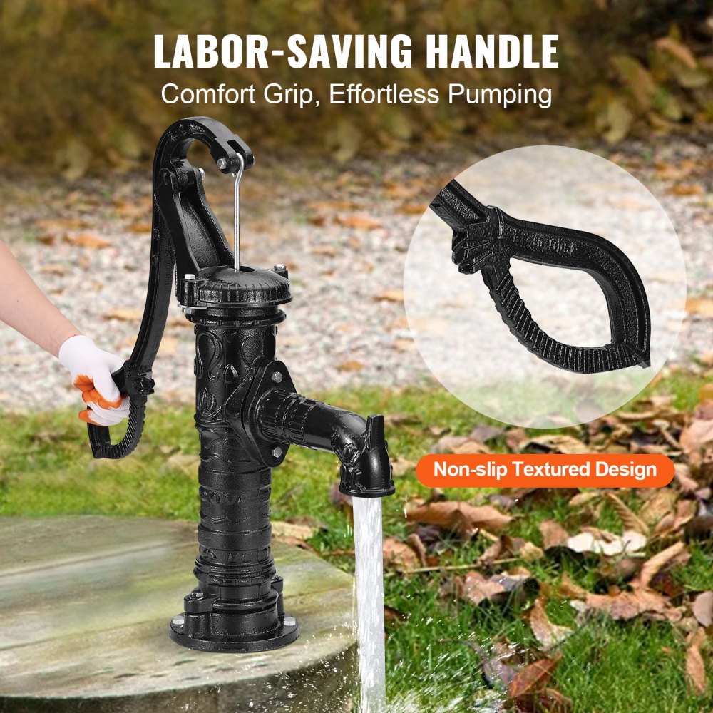 VEVOR antique hand water pump with a black non-slip handle, pouring water.