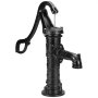 black cast iron VEVOR antique hand water pump with ornate design and handle lever.