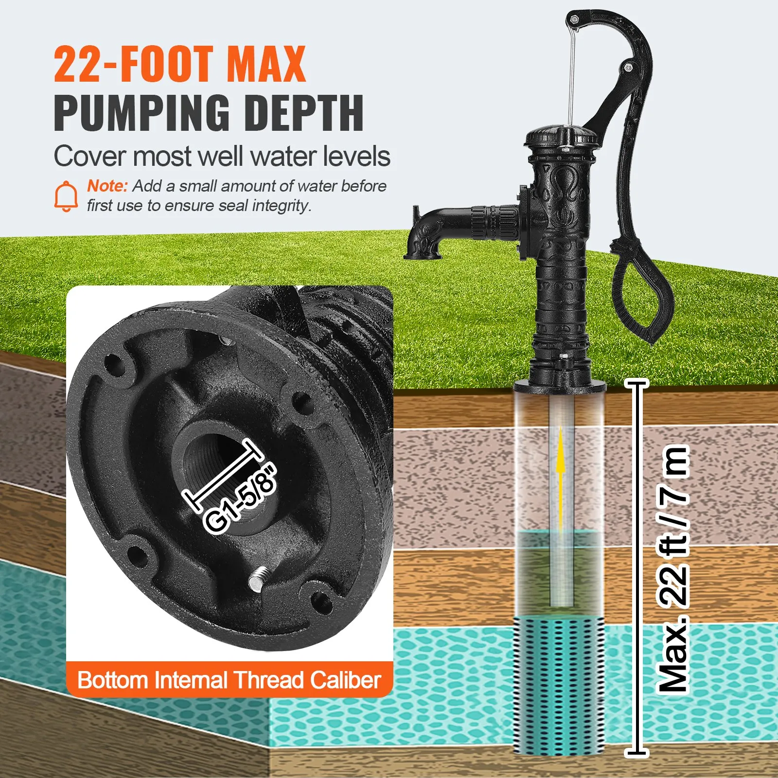 VEVOR antique hand water pump with 22-foot max pumping depth, bottom thread caliber.