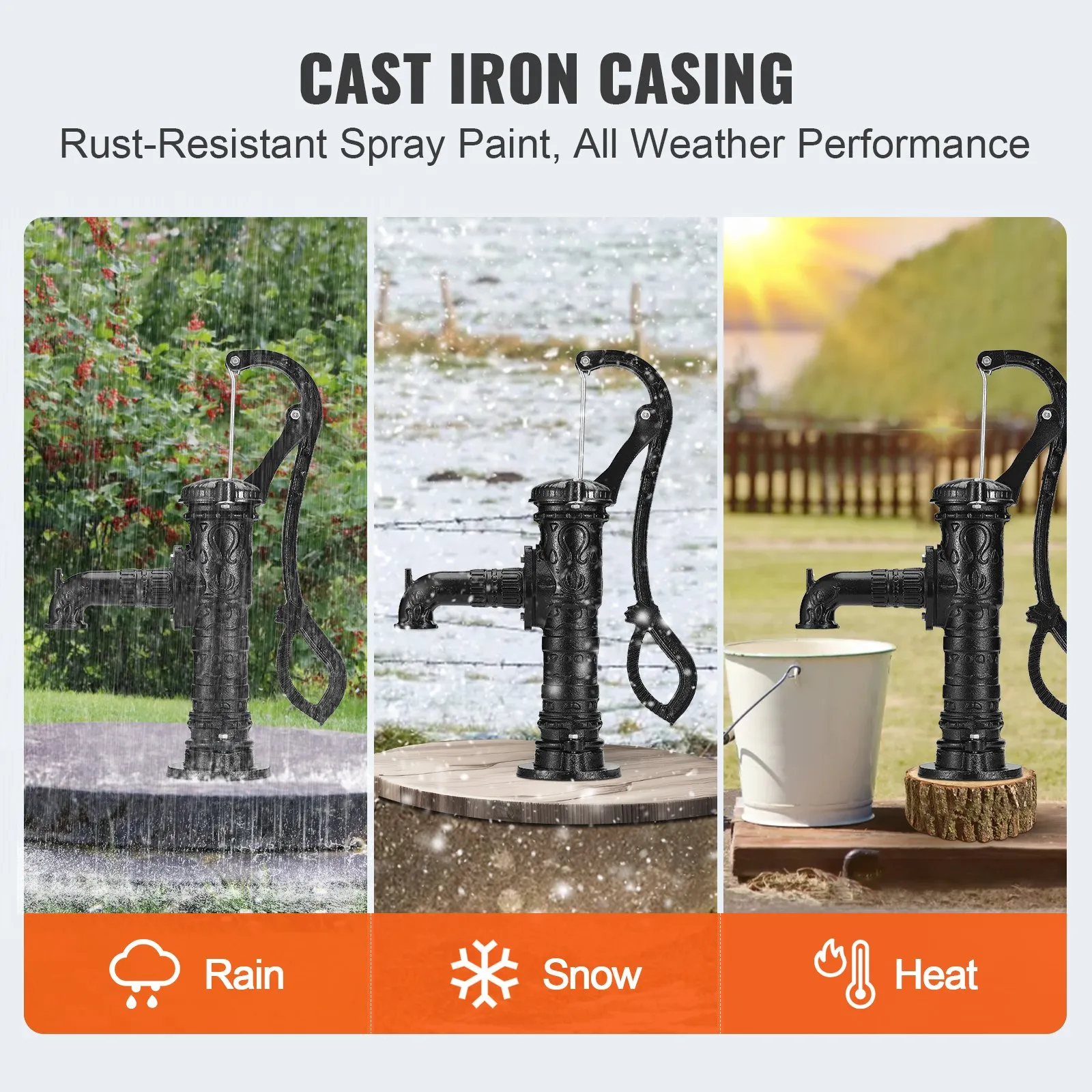 VEVOR antique hand water pump, cast iron, weather-resistant, used in rain, snow, and heat.