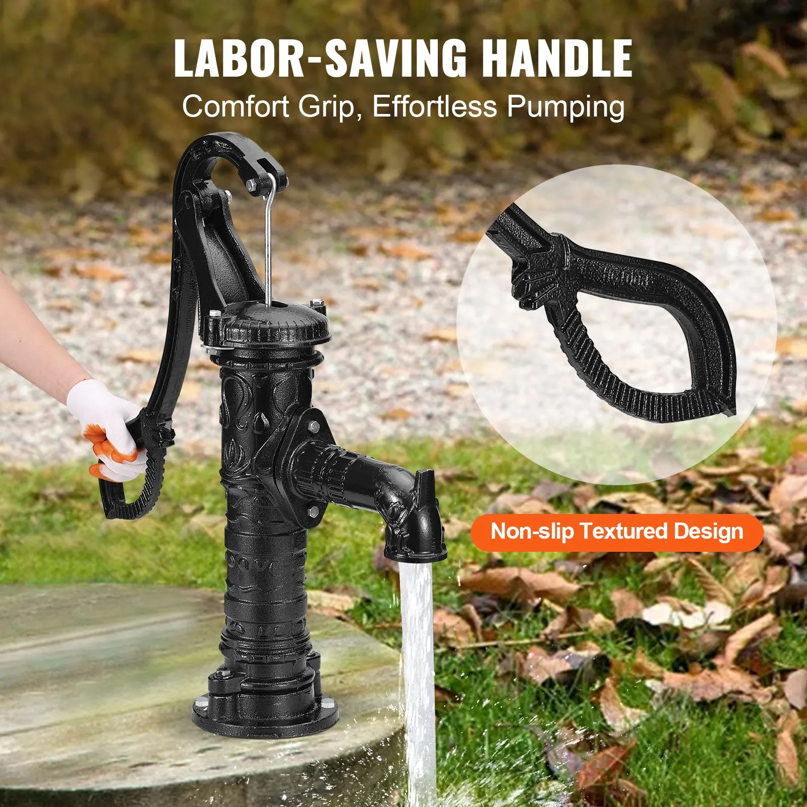 VEVOR antique hand water pump with a black non-slip handle, pouring water.