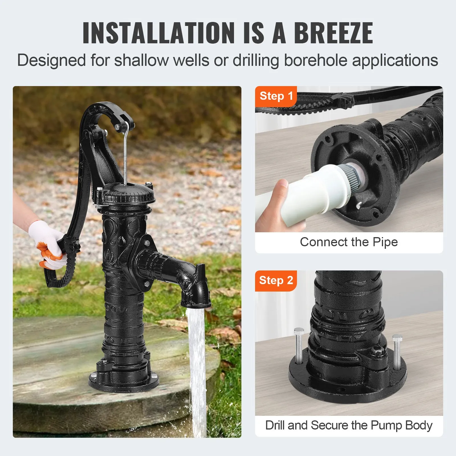 VEVOR antique hand water pump setup: connect pipe, drill and secure pump body.