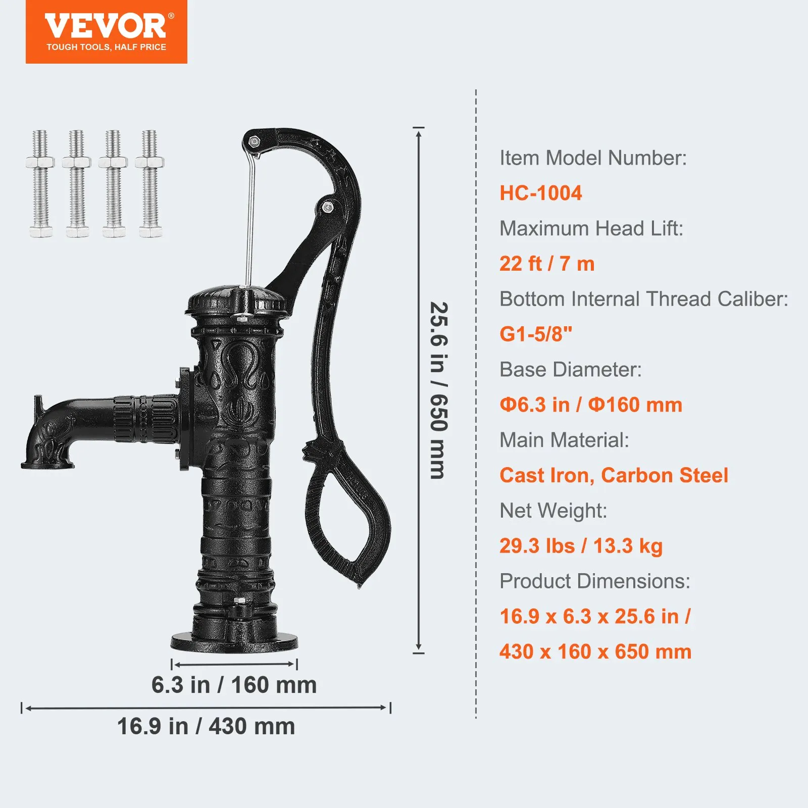 VEVOR antique hand water pump, cast iron, g1-5/8&quot;, 25.6in tall, 16.9in wide.