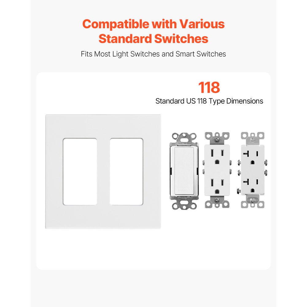VEVOR Rocker Light Switch Wall Plates, 2-Gang Decorative Outlet Covers,Standard Size 4.57in L x 4.53in H Unbreakable Polycarbonate Thermoplastic Faceplate for Receptacle Outlet&Switch(5 Pack, White)