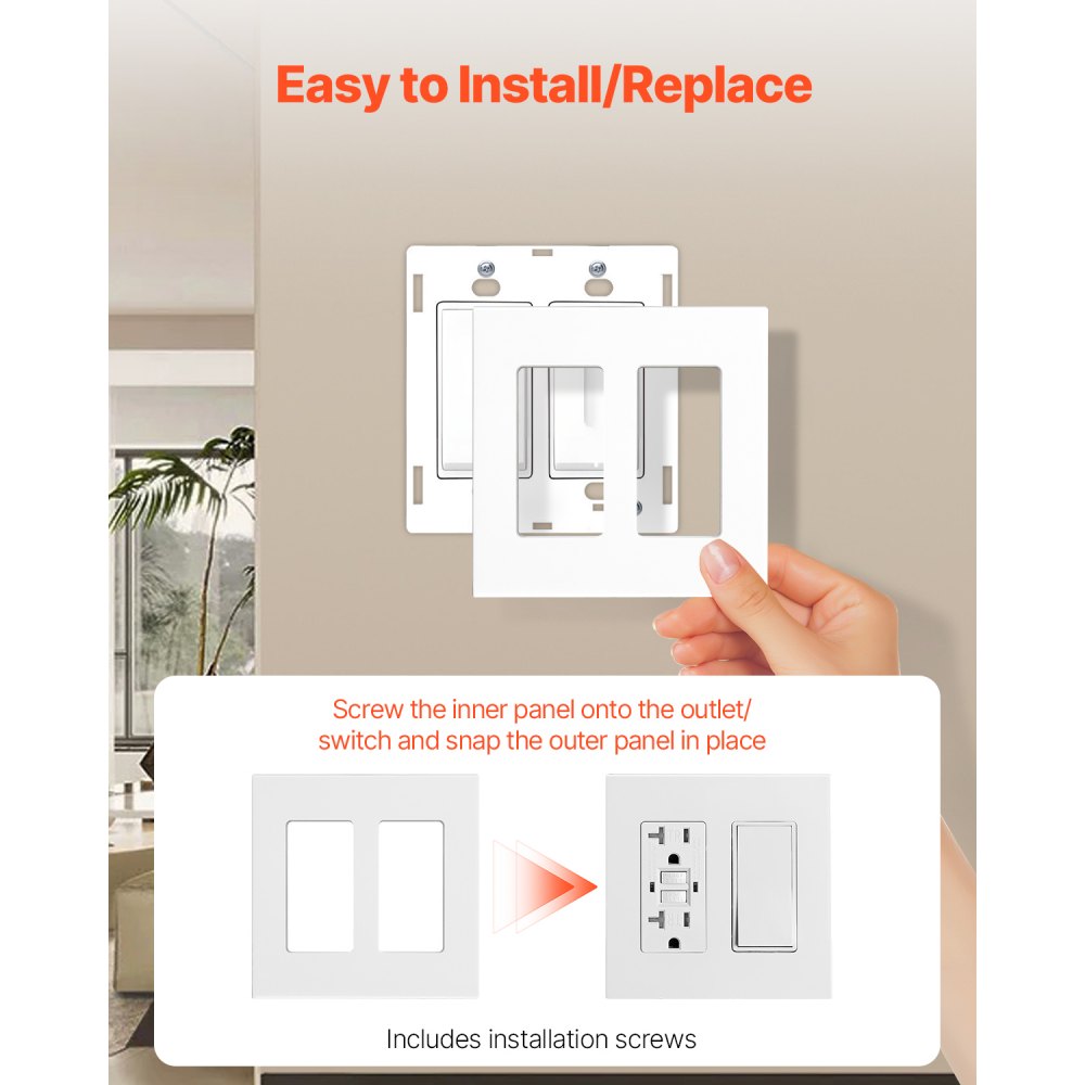 VEVOR Rocker Light Switch Wall Plates, 2-Gang Decorative Outlet Covers,Standard Size 4.57in L x 4.53in H Unbreakable Polycarbonate Thermoplastic Faceplate for Receptacle Outlet&Switch(5 Pack, White)