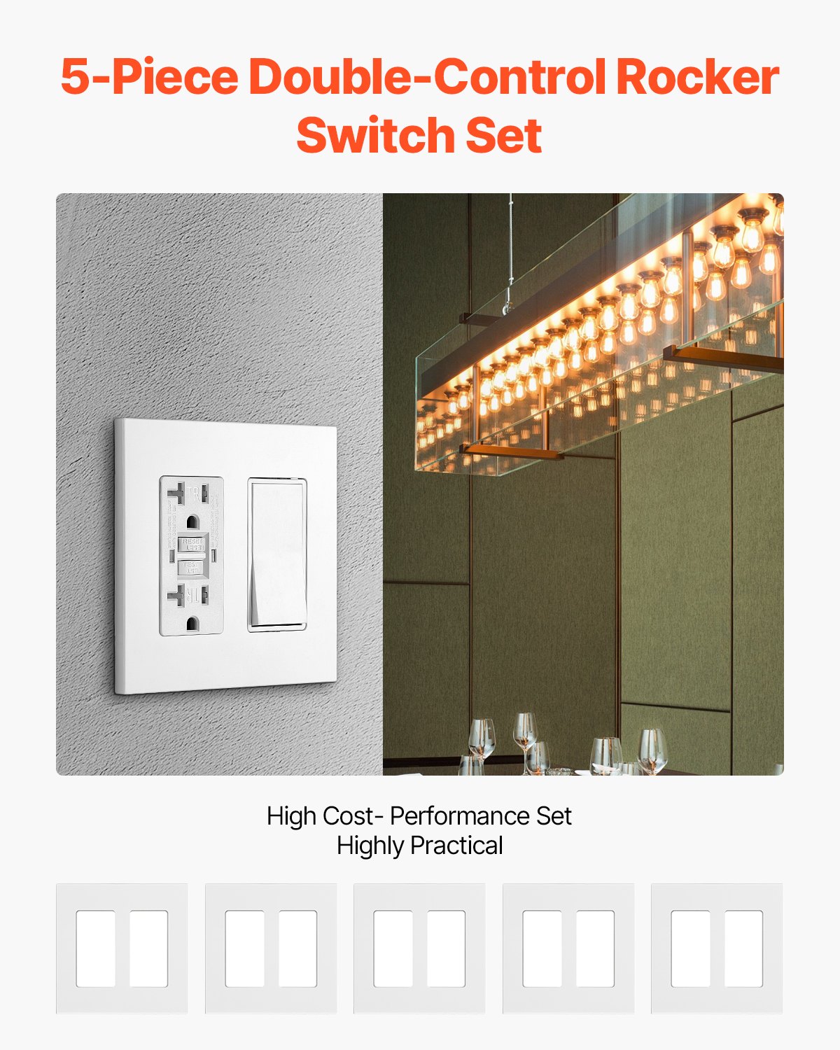 VEVOR Rocker Light Switch Wall Plates, 2-Gang Decorative Outlet Covers,Standard Size 4.57in L x 4.53in H Unbreakable Polycarbonate Thermoplastic Faceplate for Receptacle Outlet&Switch(5 Pack, White)