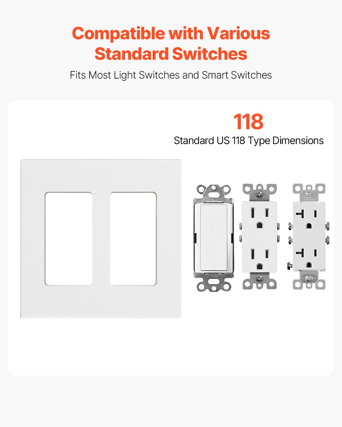 VEVOR Rocker Light Switch Wall Plates, 2-Gang Decorative Outlet Covers,Standard Size 4.57in L x 4.53in H Unbreakable Polycarbonate Thermoplastic Faceplate for Receptacle Outlet&Switch(5 Pack, White)